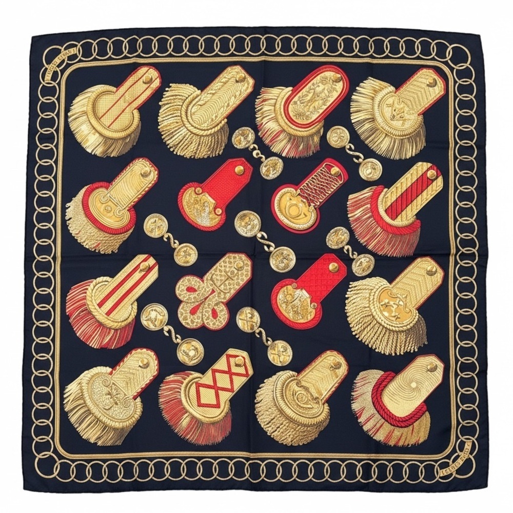 Hermes Epaulettes Silk Scarf in Black with Gold and Red Decorations